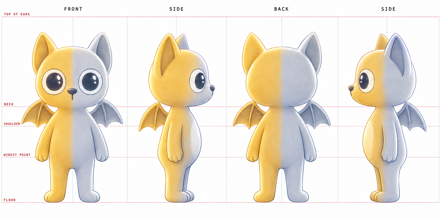 BETS character model sheet — front, side, back, and side views